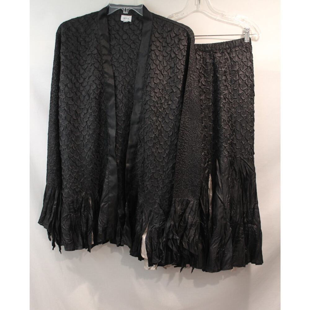 Mina 2pc Silk Blend Suit Women XL Black Crinkle Pleated Fringe Open Jacket Skirt